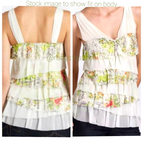 ANTHROPOLOGIE -Weston Wear- Floral Watercolor & Sketch Print Tiered Ruffle Top - Picture 2 of 10